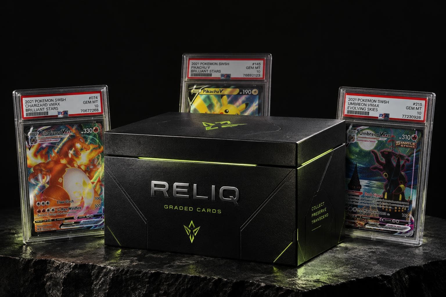 A Reliq box surrounded by graded Pokémon cards